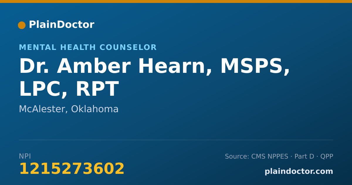 Shareable card for Amber Hearn, MSPS, LPC, RPT - Mental Health Counselor, McAlester, OK