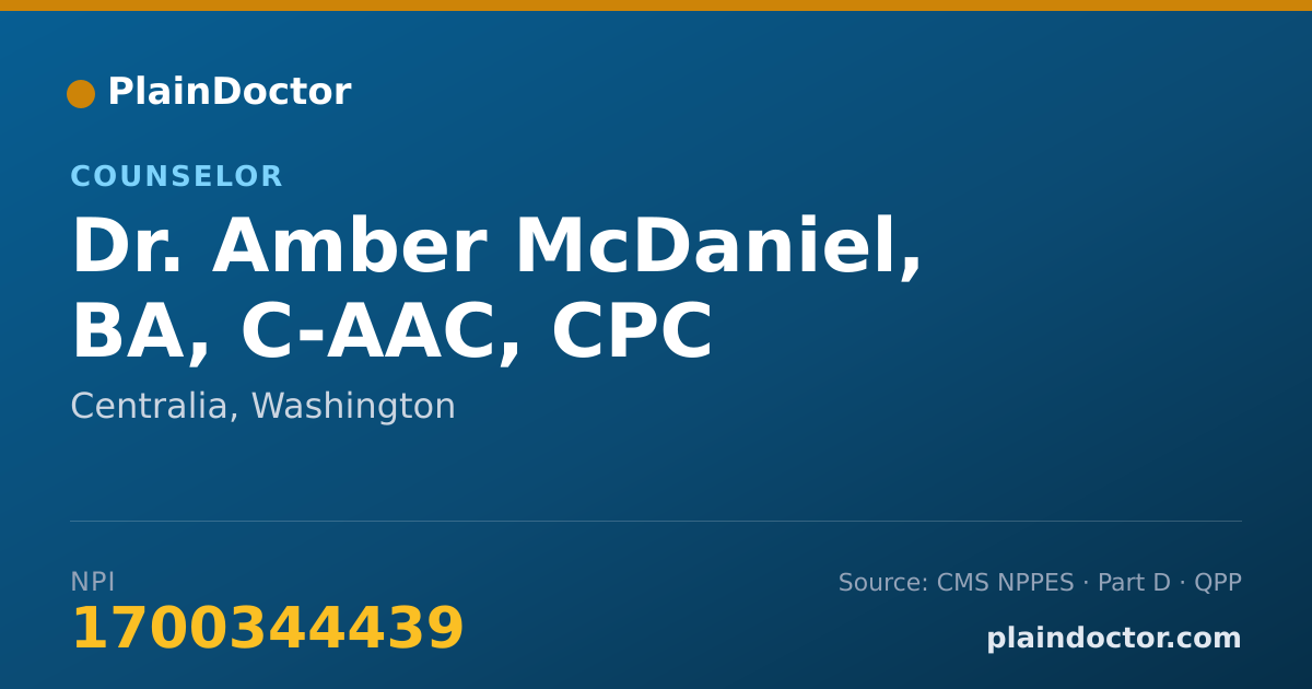 Shareable card for Amber McDaniel, BA, C-AAC, CPC - Counselor, Centralia, WA