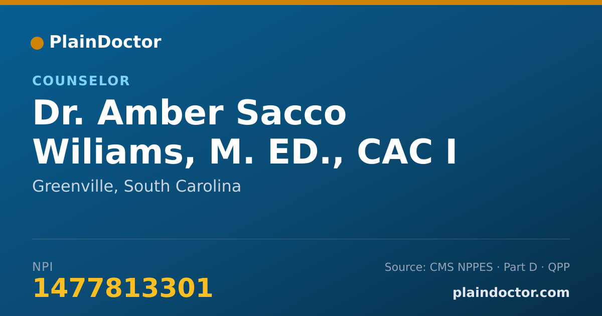 Shareable card for Amber Sacco Wiliams, M. ED., CAC I - Counselor, Greenville, SC