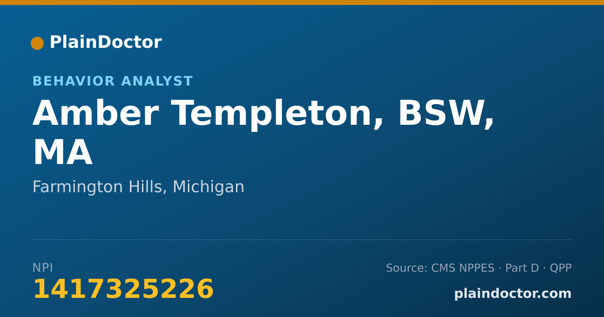 Shareable card for Amber Templeton, BSW, MA - Behavior Analyst, Farmington Hills, MI