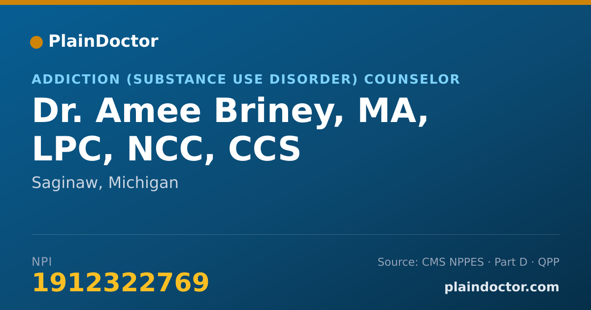 Shareable card for Amee Briney, MA, LPC, NCC, CCS - Addiction (Substance Use Disorder) Counselor, Saginaw, MI