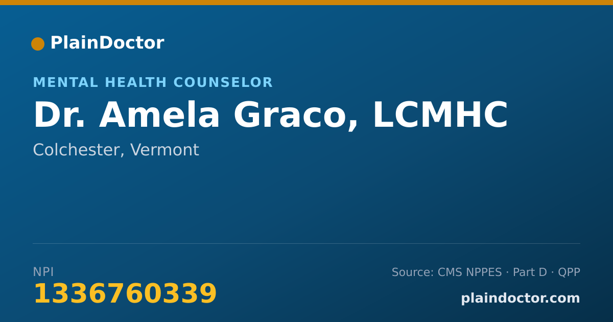 Shareable card for Amela Graco, LCMHC - Mental Health Counselor, Colchester, VT