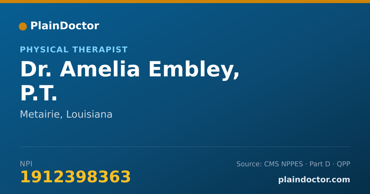 Shareable card for Amelia Embley, P.T. - Physical Therapist, Metairie, LA