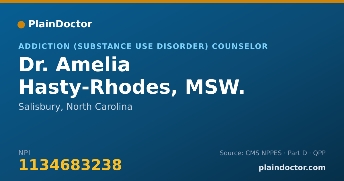 Shareable card for Amelia Hasty-Rhodes, MSW. LCSWA, LCASR - Addiction (Substance Use Disorder) Counselor, Salisbury, NC