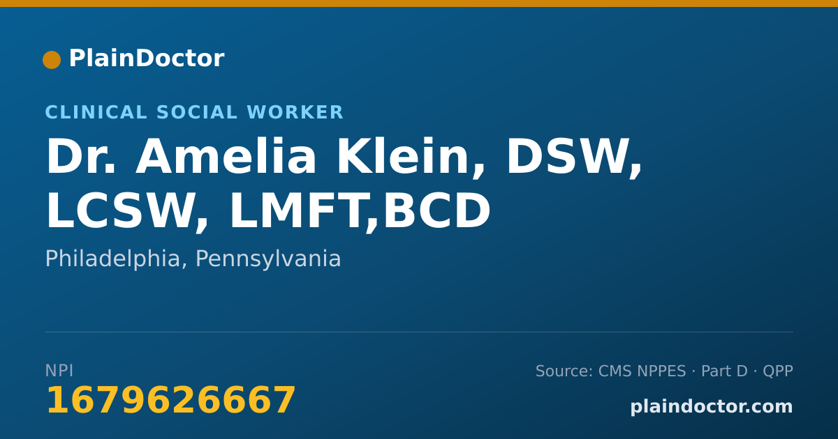 Shareable card for Amelia Klein, DSW, LCSW, LMFT,BCD - Clinical Social Worker, Philadelphia, PA