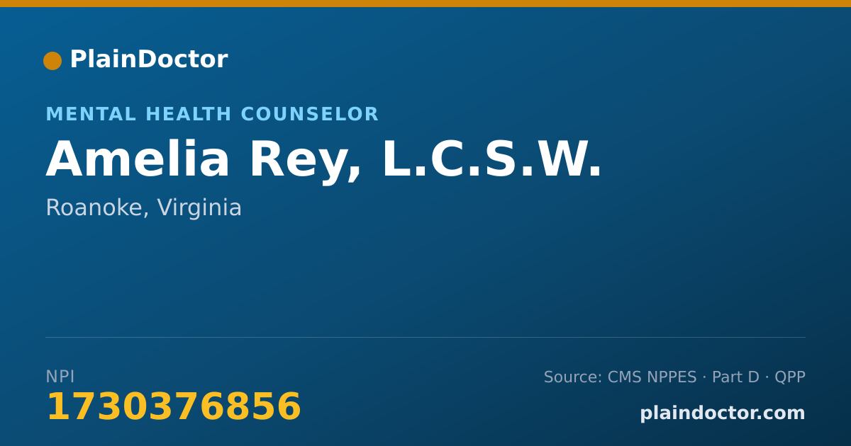 Shareable card for Amelia Rey, L.C.S.W. - Mental Health Counselor, Roanoke, VA