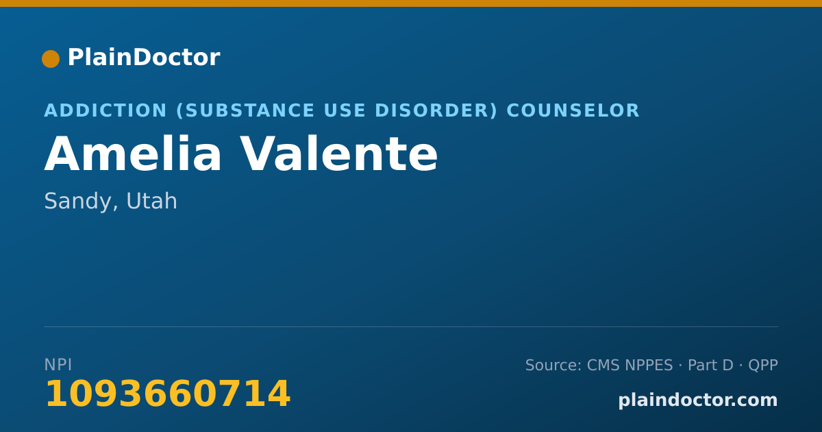 Shareable card for Amelia Valente - Addiction (Substance Use Disorder) Counselor, Sandy, UT