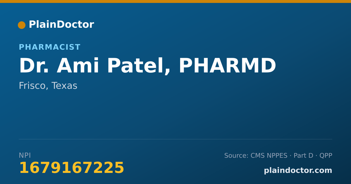 Shareable card for Ami Patel, PHARMD - Pharmacist, Frisco, TX
