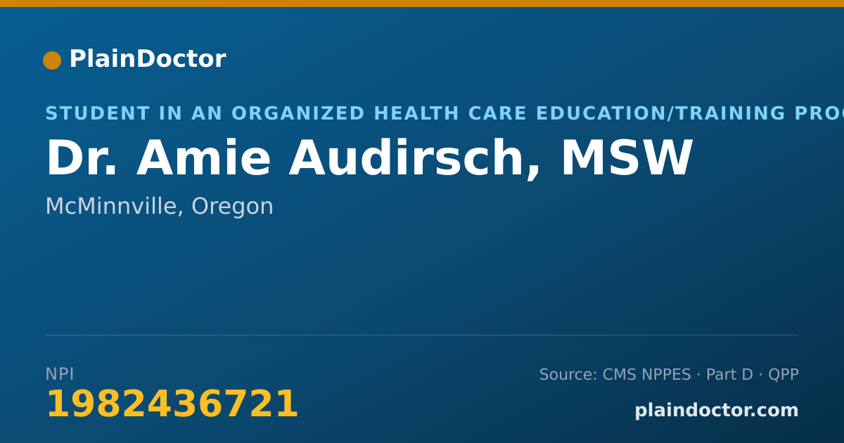 Shareable card for Amie Audirsch, MSW - Student in an Organized Health Care Education/Training Program, McMinnville, OR
