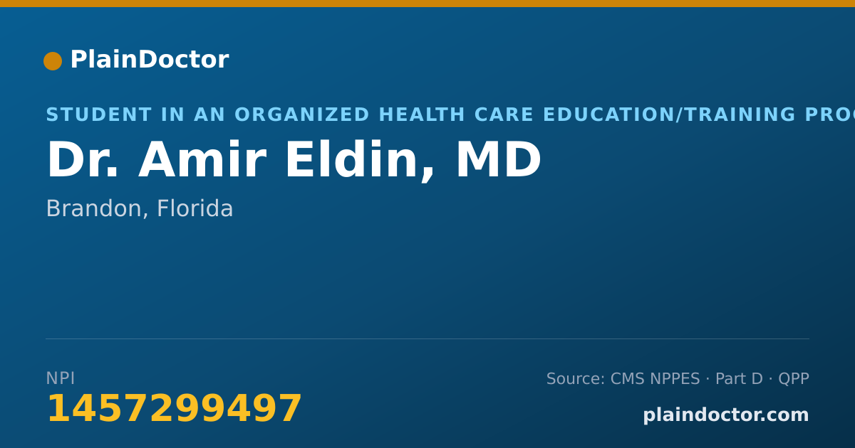 Shareable card for Amir Eldin, MD - Student in an Organized Health Care Education/Training Program, Brandon, FL