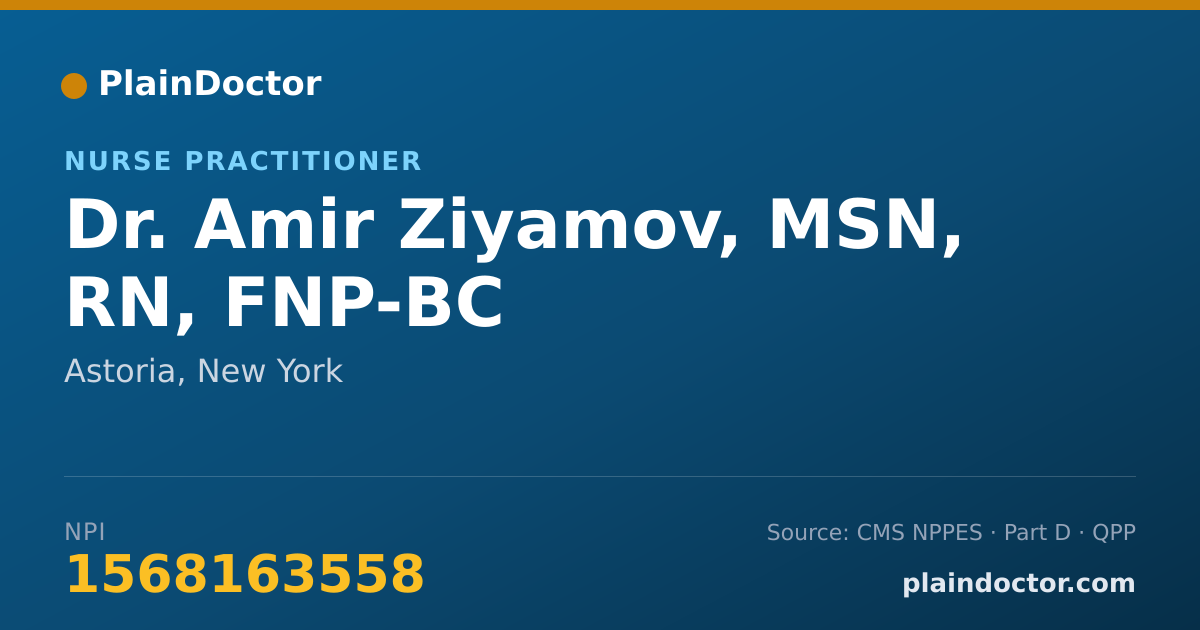 Shareable card for Amir Ziyamov, MSN, RN, FNP-BC - Nurse Practitioner, Astoria, NY