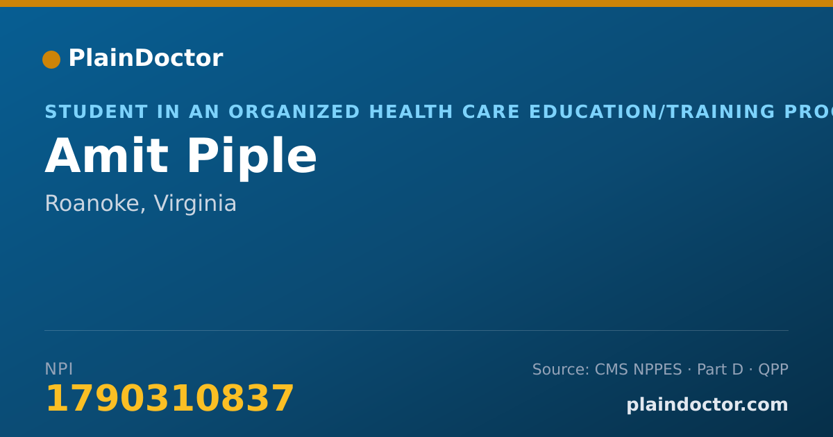 Shareable card for Amit Piple - Student in an Organized Health Care Education/Training Program, Roanoke, VA