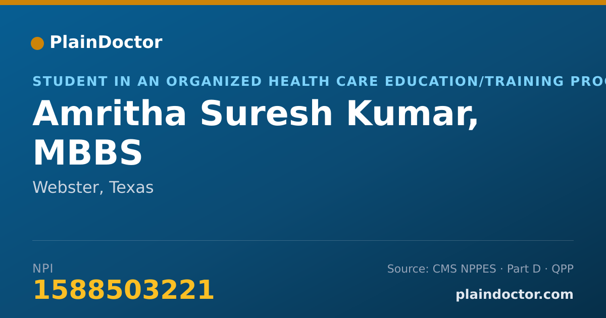 Shareable card for Amritha Suresh Kumar, MBBS - Student in an Organized Health Care Education/Training Program, Webster, TX