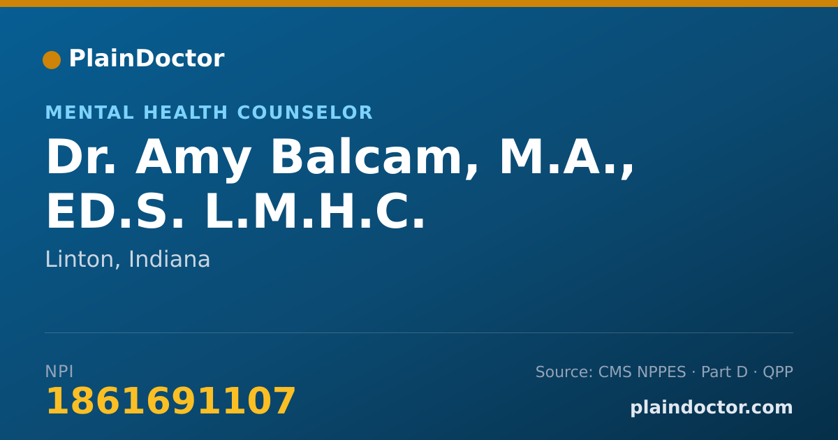 Shareable card for Amy Balcam, M.A., ED.S. L.M.H.C. - Mental Health Counselor, Linton, IN