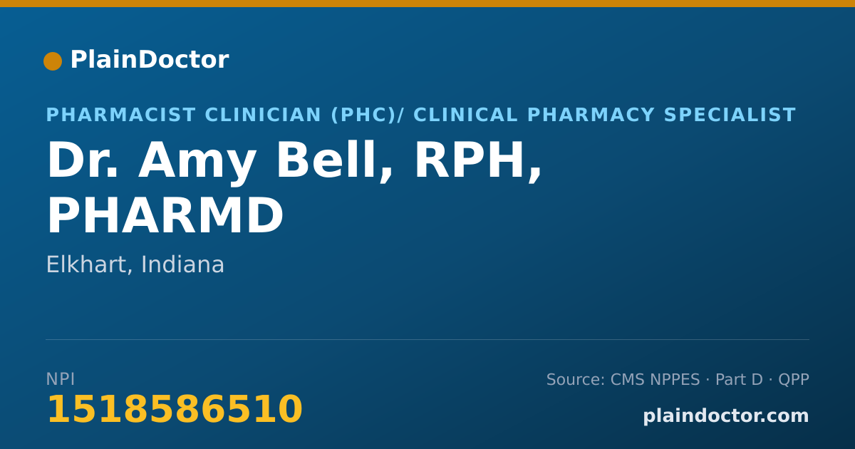 Shareable card for Amy Bell, RPH, PHARMD - Pharmacist Clinician (PhC)/ Clinical Pharmacy Specialist, Elkhart, IN