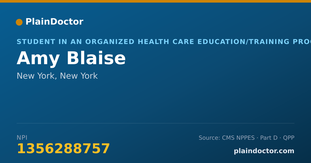 Shareable card for Amy Blaise - Student in an Organized Health Care Education/Training Program, New York, NY