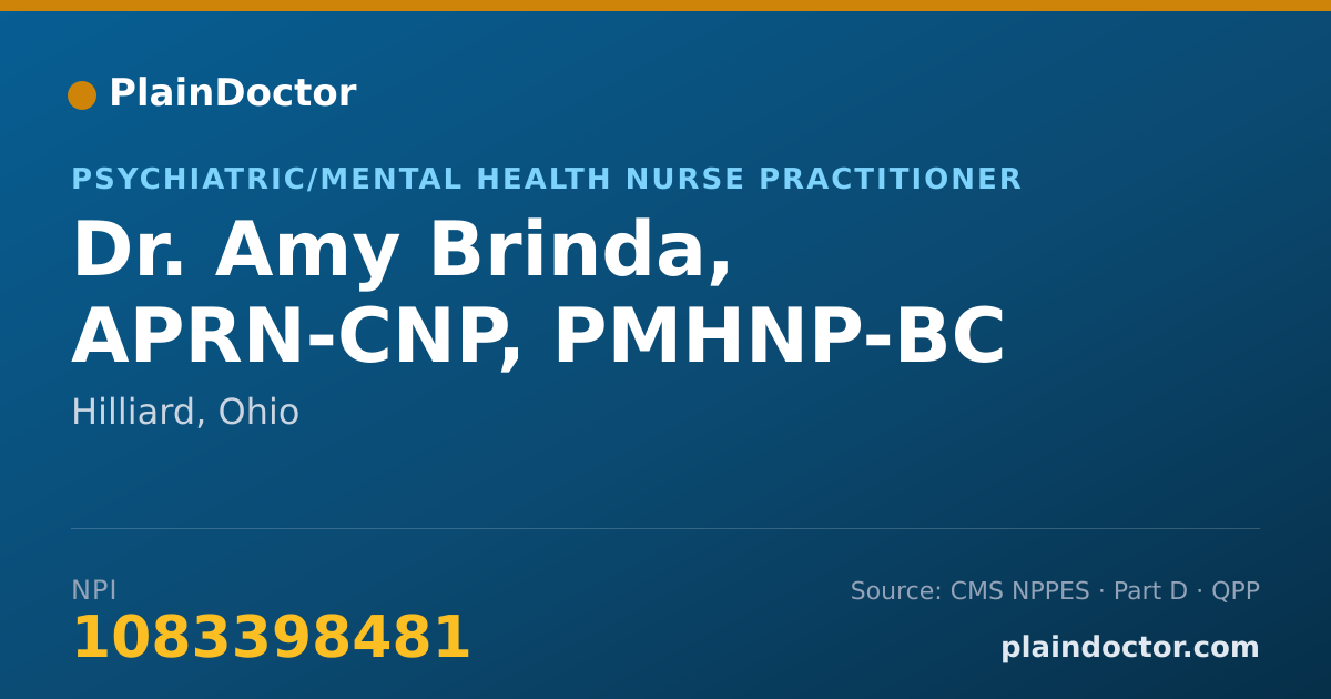 Shareable card for Amy Brinda, APRN-CNP, PMHNP-BC - Psychiatric/Mental Health Nurse Practitioner, Hilliard, OH