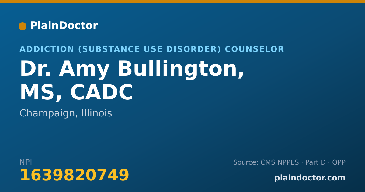 Shareable card for Amy Bullington, MS, CADC - Addiction (Substance Use Disorder) Counselor, Champaign, IL