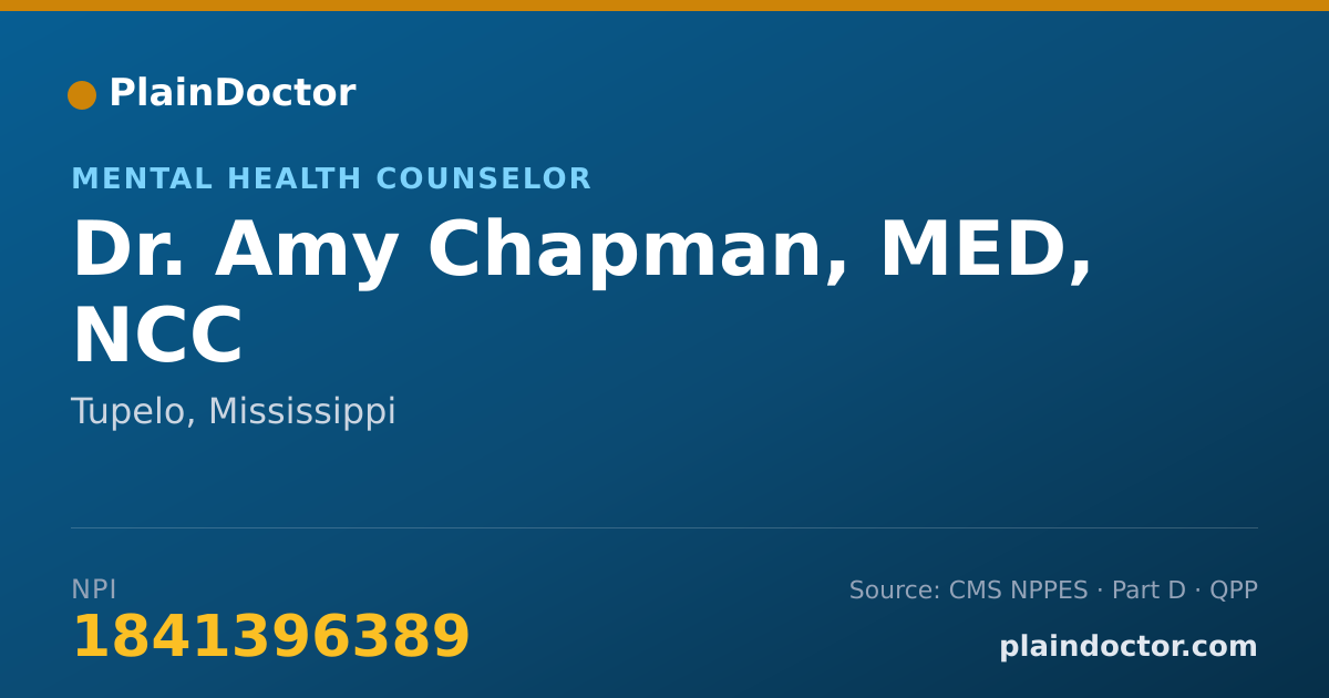 Shareable card for Amy Chapman, MED, NCC - Mental Health Counselor, Tupelo, MS