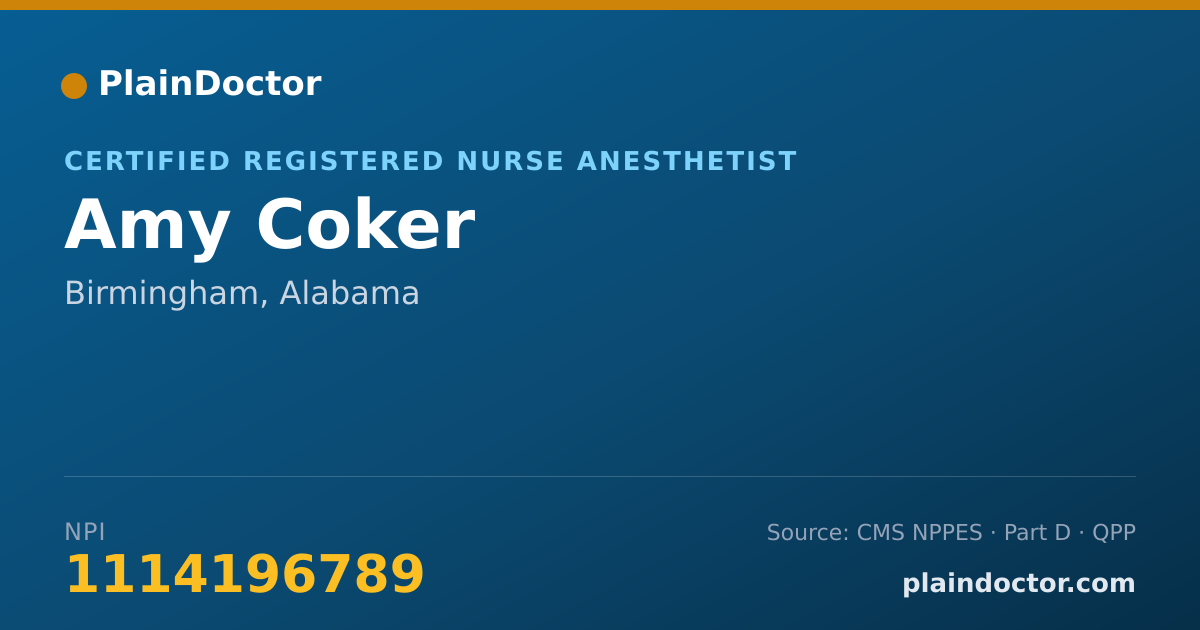 Shareable card for Amy Coker - Certified Registered Nurse Anesthetist, Birmingham, AL