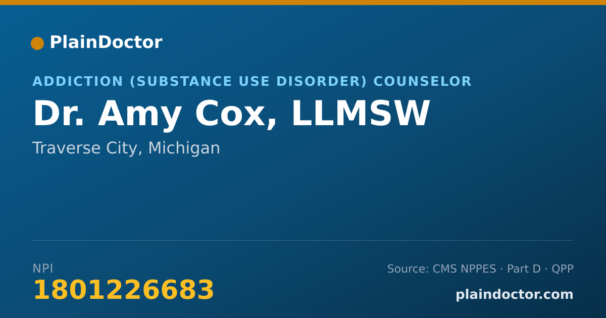Shareable card for Amy Cox, LLMSW - Addiction (Substance Use Disorder) Counselor, Traverse City, MI