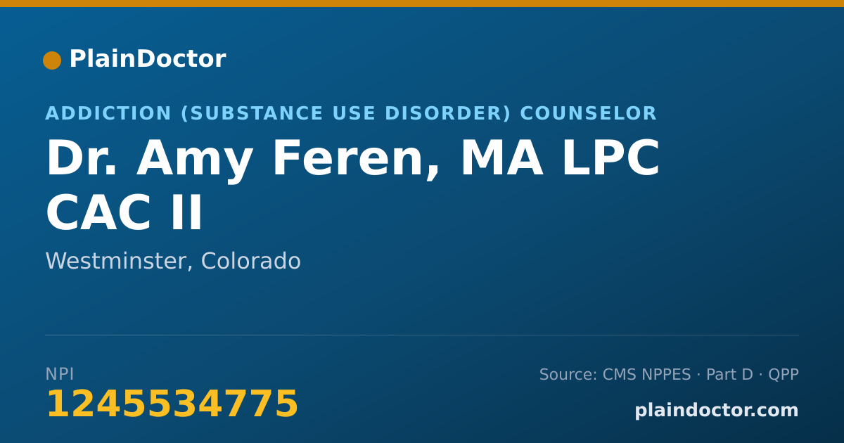 Shareable card for Amy Feren, MA LPC CAC II - Addiction (Substance Use Disorder) Counselor, Westminster, CO