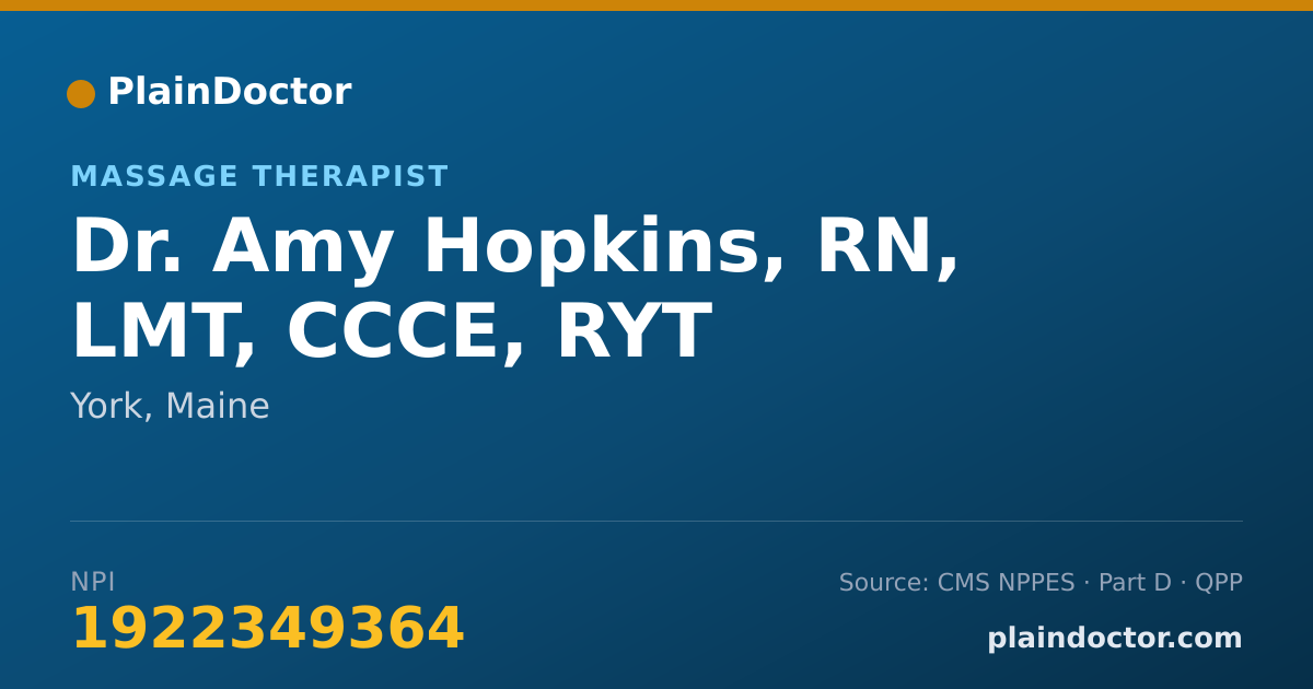 Shareable card for Amy Hopkins, RN, LMT, CCCE, RYT - Massage Therapist, York, ME