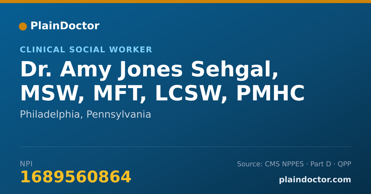 Shareable card for Amy Jones Sehgal, MSW, MFT, LCSW, PMHC - Clinical Social Worker, Philadelphia, PA