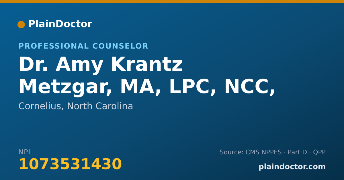 Shareable card for Amy Krantz Metzgar, MA, LPC, NCC, NCSC - Professional Counselor, Cornelius, NC