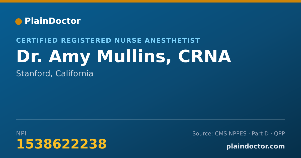Shareable card for Amy Mullins, CRNA - Certified Registered Nurse Anesthetist, Stanford, CA