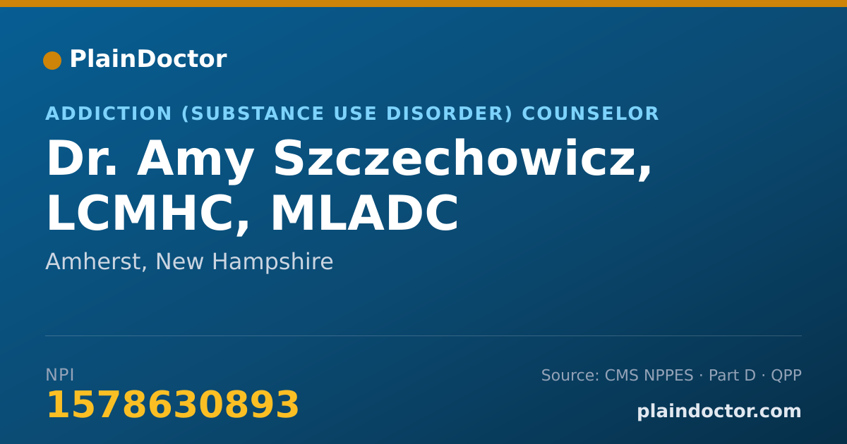 Shareable card for Amy Szczechowicz, LCMHC, MLADC - Addiction (Substance Use Disorder) Counselor, Amherst, NH