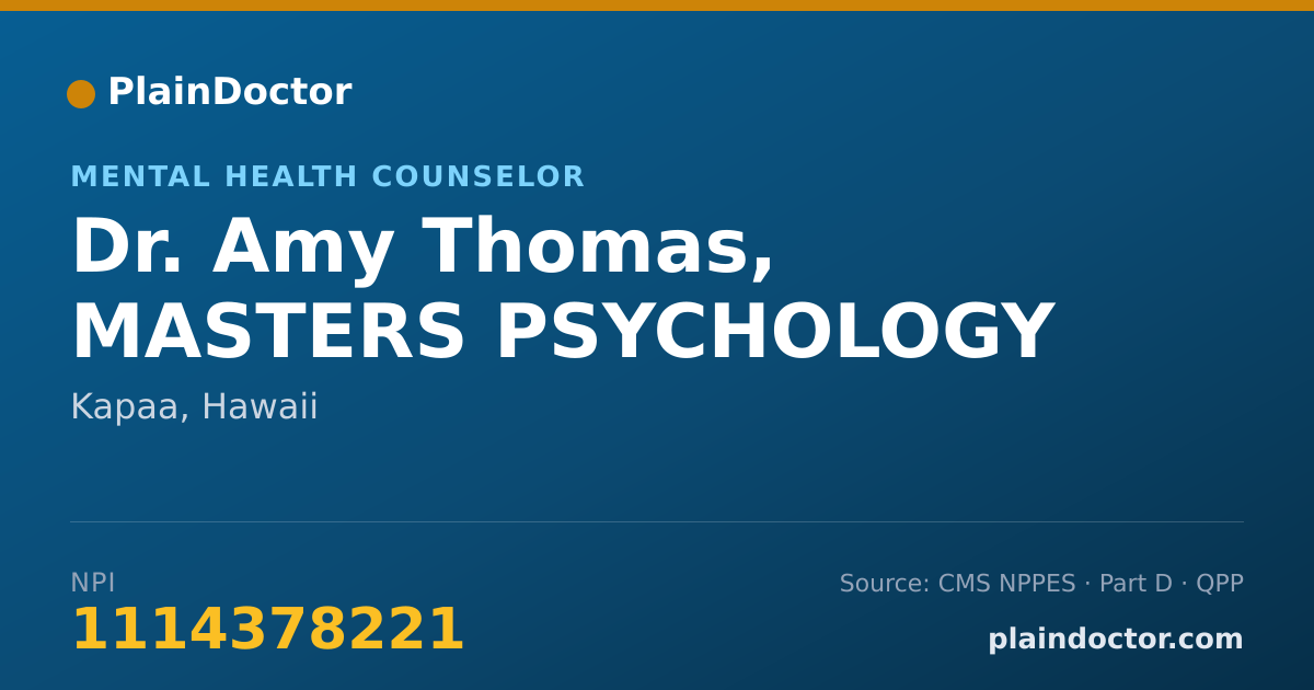 Shareable card for Amy Thomas, MASTERS PSYCHOLOGY - Mental Health Counselor, Kapaa, HI