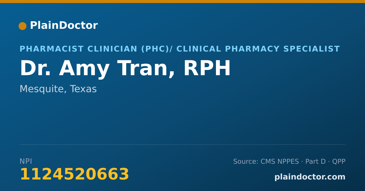Shareable card for Amy Tran, RPH - Pharmacist Clinician (PhC)/ Clinical Pharmacy Specialist, Mesquite, TX
