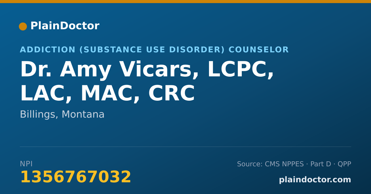 Shareable card for Amy Vicars, LCPC, LAC, MAC, CRC - Addiction (Substance Use Disorder) Counselor, Billings, MT