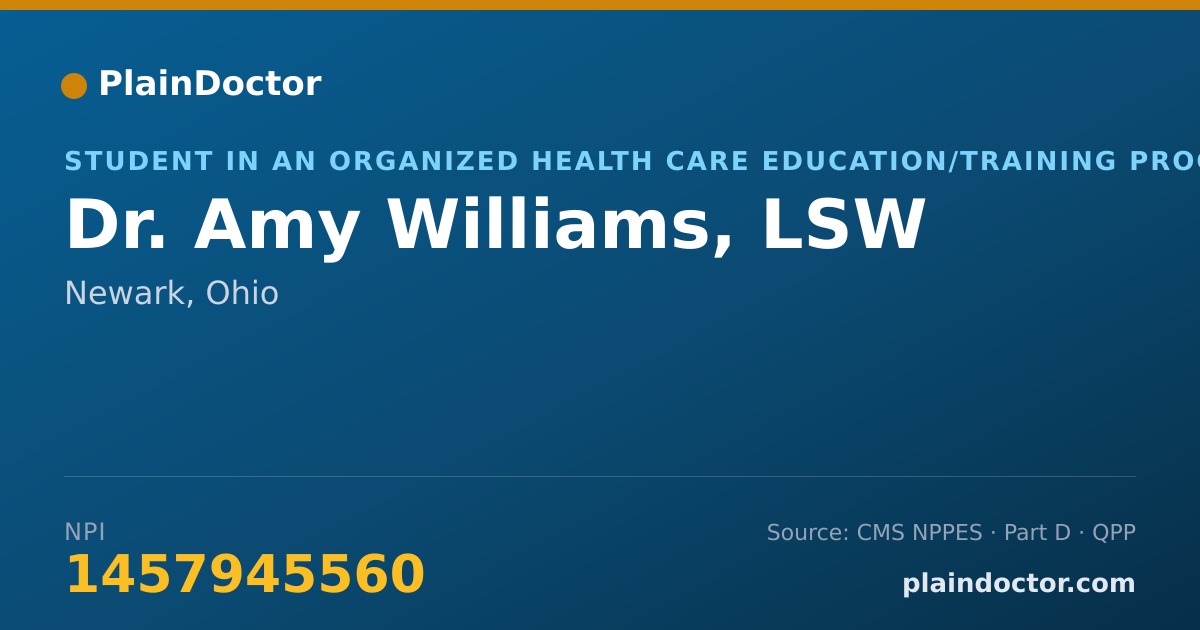 Shareable card for Amy Williams, LSW - Student in an Organized Health Care Education/Training Program, Newark, OH
