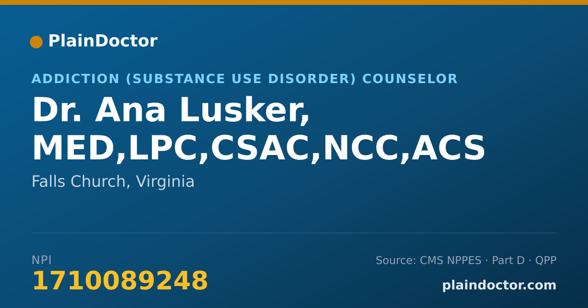 Shareable card for Ana Lusker, MED,LPC,CSAC,NCC,ACS - Addiction (Substance Use Disorder) Counselor, Falls Church, VA