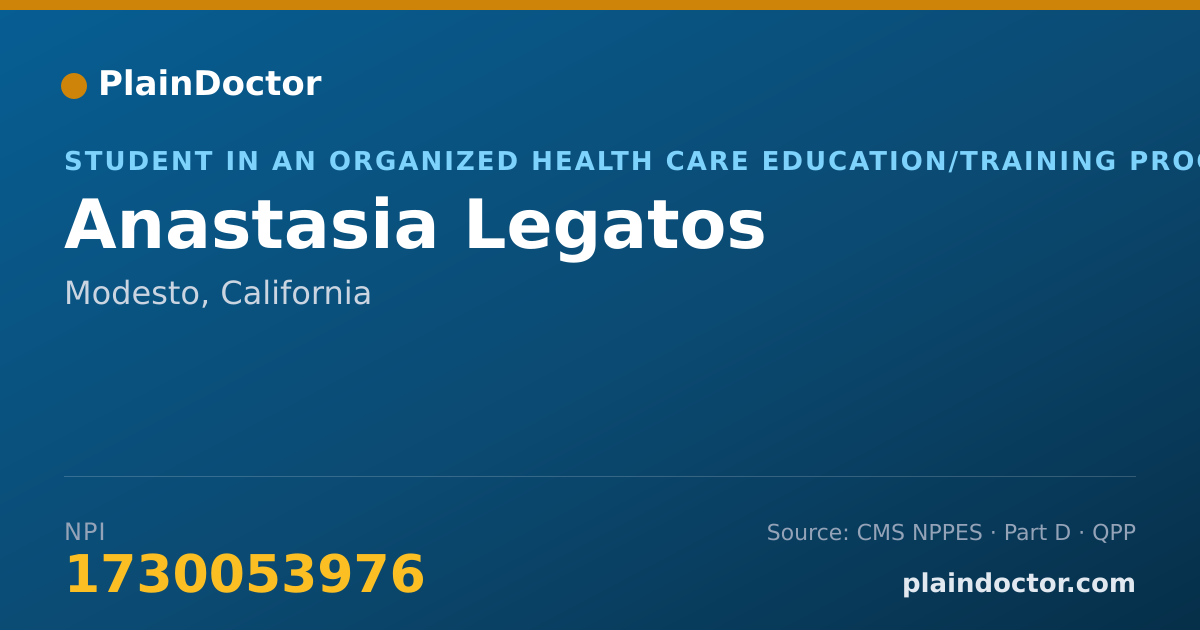 Shareable card for Anastasia Legatos - Student in an Organized Health Care Education/Training Program, Modesto, CA