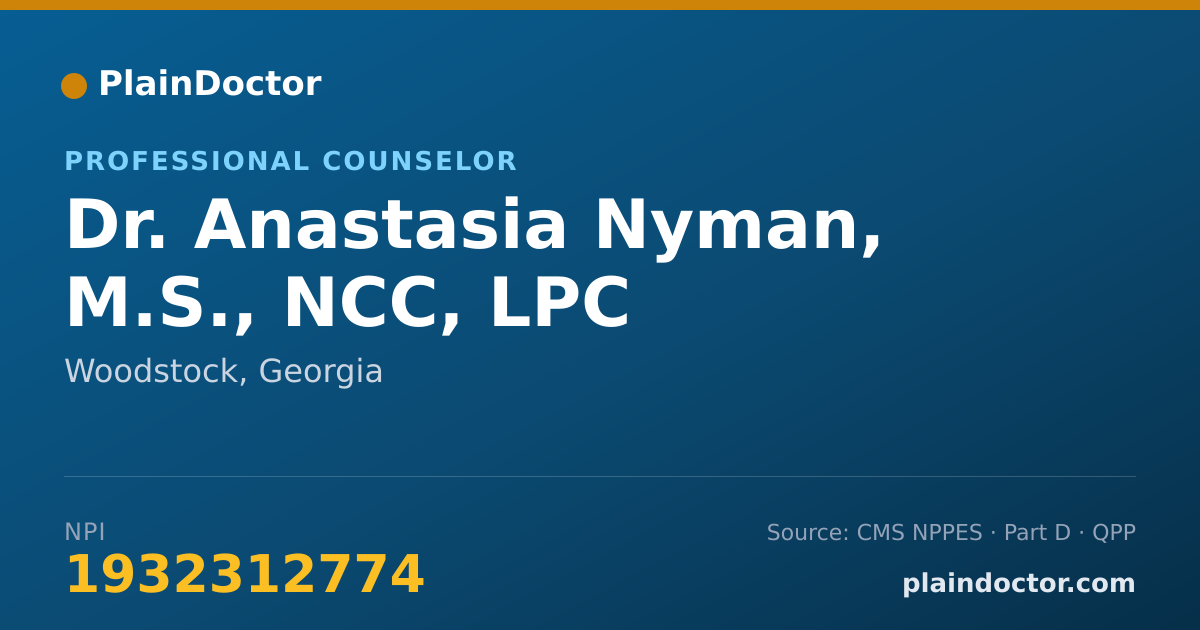 Shareable card for Anastasia Nyman, M.S., NCC, LPC - Professional Counselor, Woodstock, GA