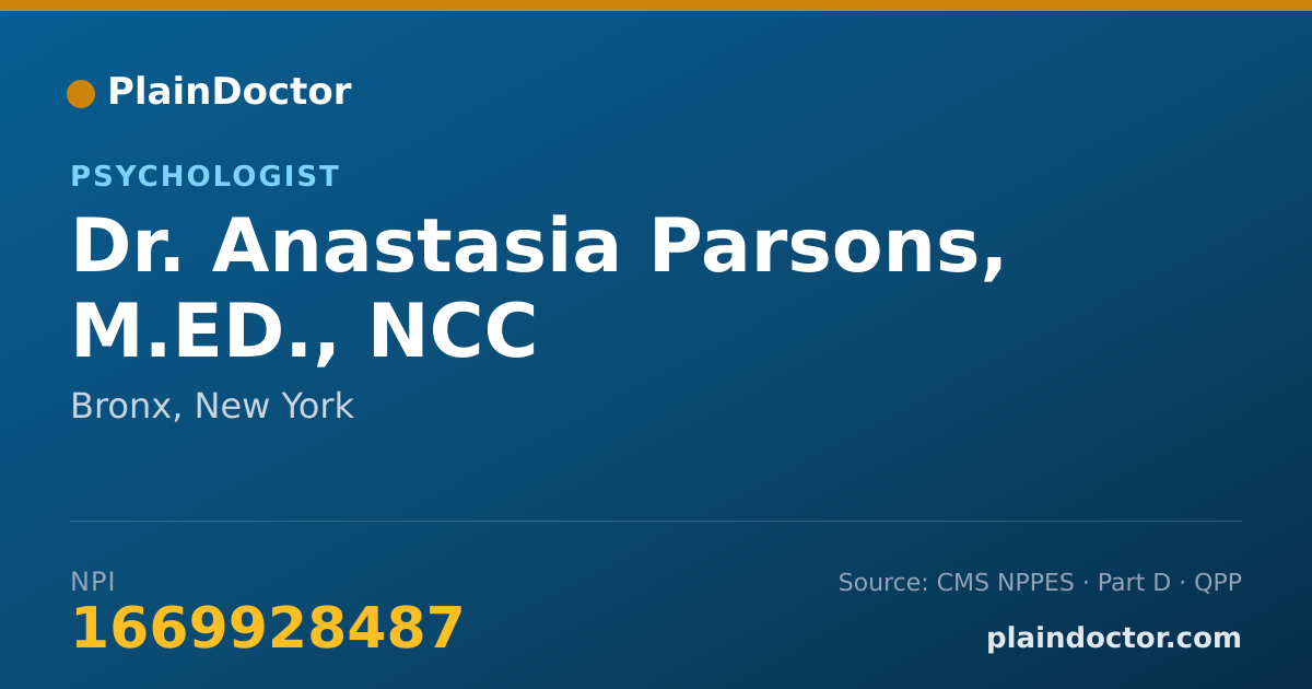 Shareable card for Anastasia Parsons, M.ED., NCC - Psychologist, Bronx, NY