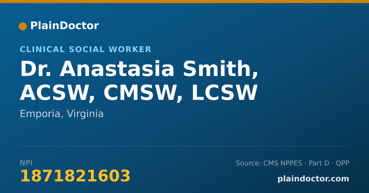 Shareable card for Anastasia Smith, ACSW, CMSW, LCSW - Clinical Social Worker, Emporia, VA