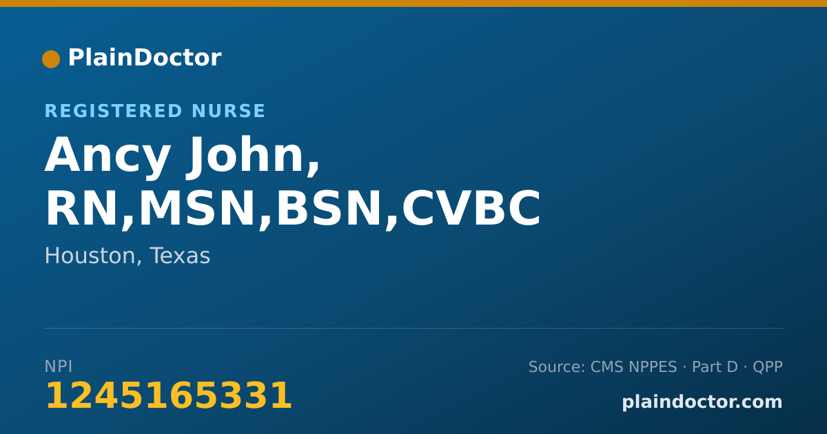 Shareable card for Ancy John, RN,MSN,BSN,CVBC - Registered Nurse, Houston, TX