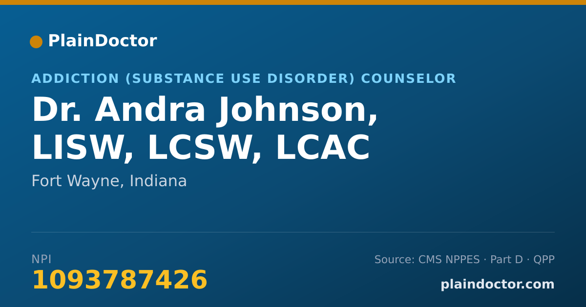 Shareable card for Andra Johnson, LISW, LCSW, LCAC - Addiction (Substance Use Disorder) Counselor, Fort Wayne, IN