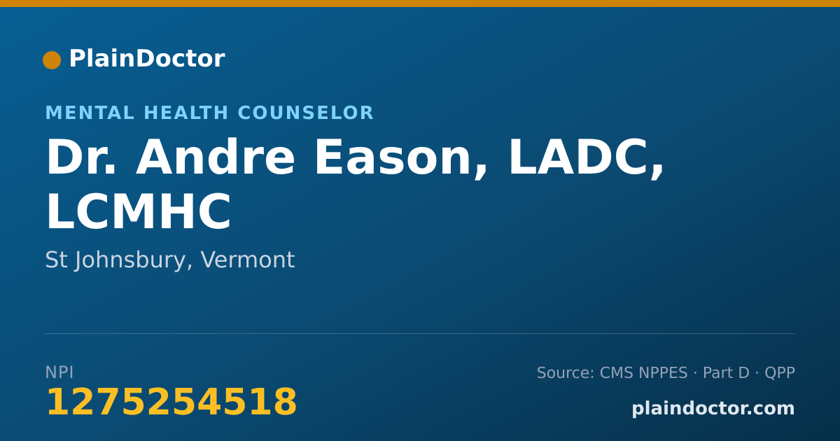 Shareable card for Andre Eason, LADC, LCMHC - Mental Health Counselor, St Johnsbury, VT