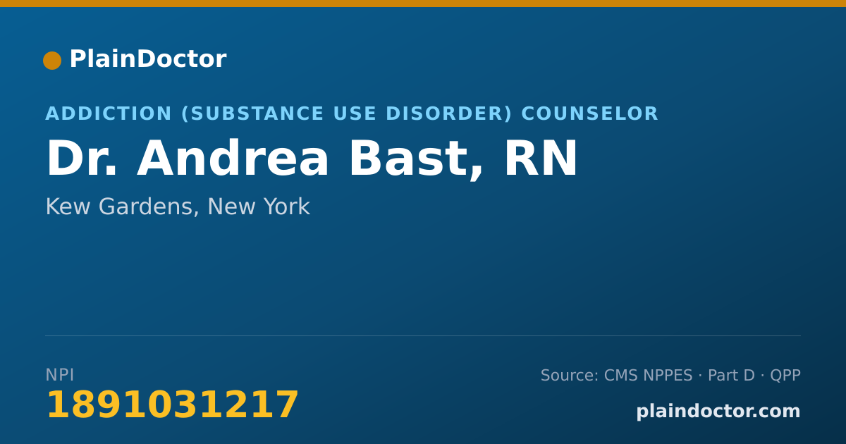 Shareable card for Andrea Bast, RN - Addiction (Substance Use Disorder) Counselor, Kew Gardens, NY