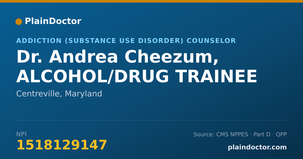 Shareable card for Andrea Cheezum, ALCOHOL/DRUG TRAINEE - Addiction (Substance Use Disorder) Counselor, Centreville, MD