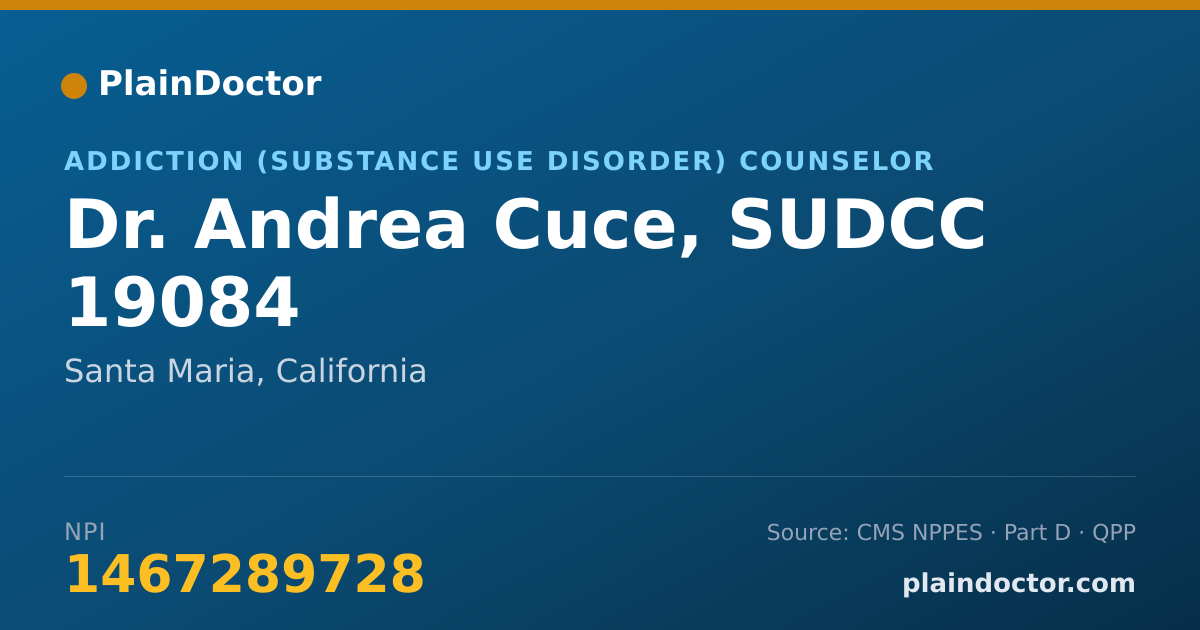 Shareable card for Andrea Cuce, SUDCC 19084 - Addiction (Substance Use Disorder) Counselor, Santa Maria, CA