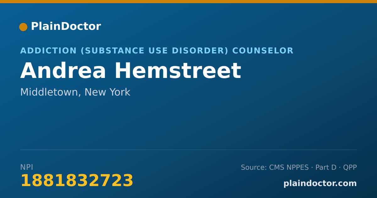 Shareable card for Andrea Hemstreet - Addiction (Substance Use Disorder) Counselor, Middletown, NY