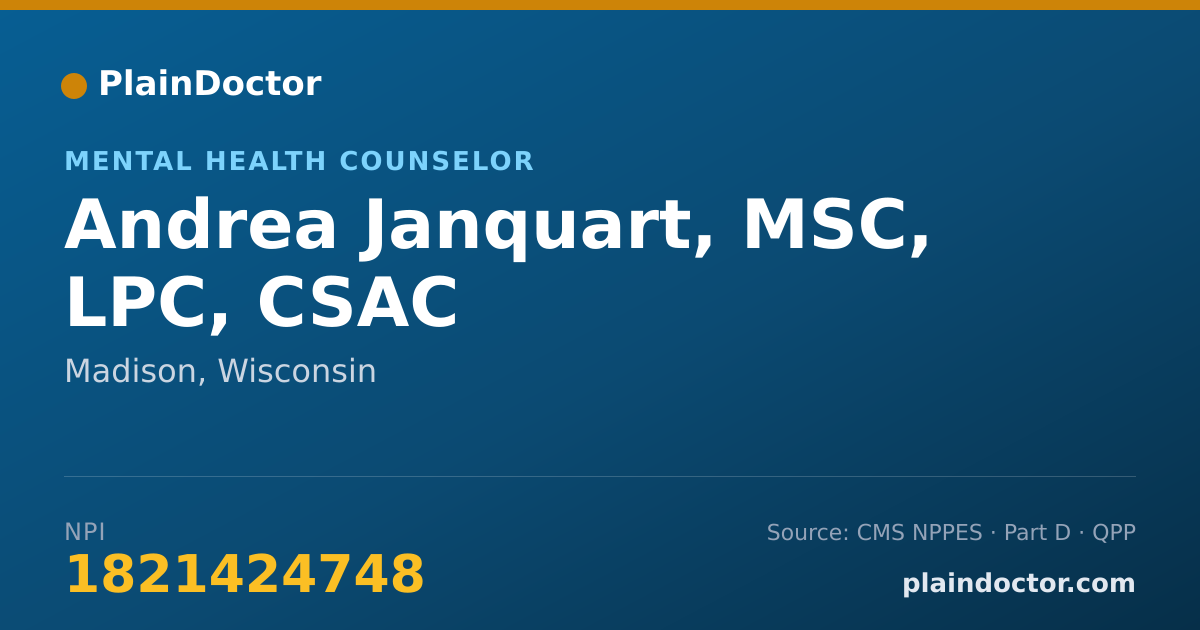 Shareable card for Andrea Janquart, MSC, LPC, CSAC - Mental Health Counselor, Madison, WI