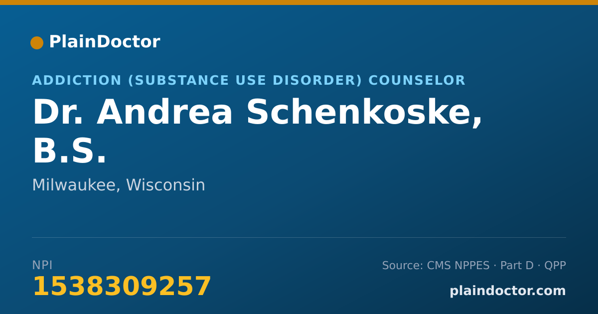 Shareable card for Andrea Schenkoske, B.S. - Addiction (Substance Use Disorder) Counselor, Milwaukee, WI