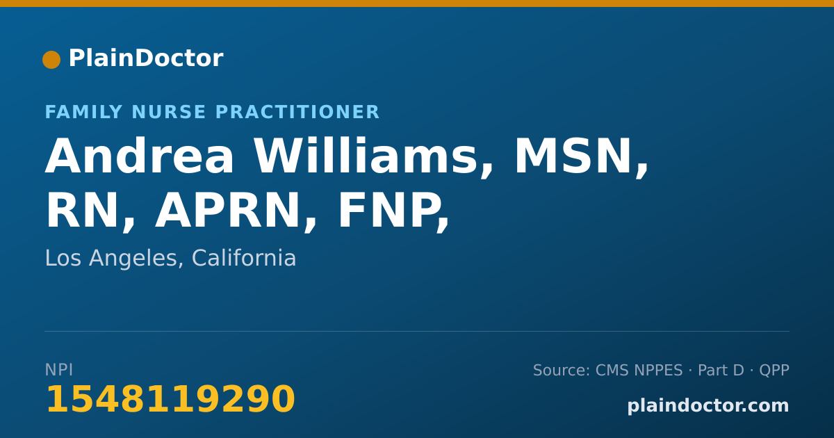 Shareable card for Andrea Williams, MSN, RN, APRN, FNP, - Family Nurse Practitioner, Los Angeles, CA
